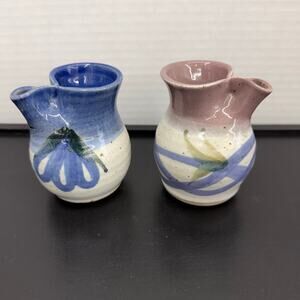 Vintage Pinched Pottery Oil Lamps Set 2 Mauve & Blue Signed         3 1/4”Tall